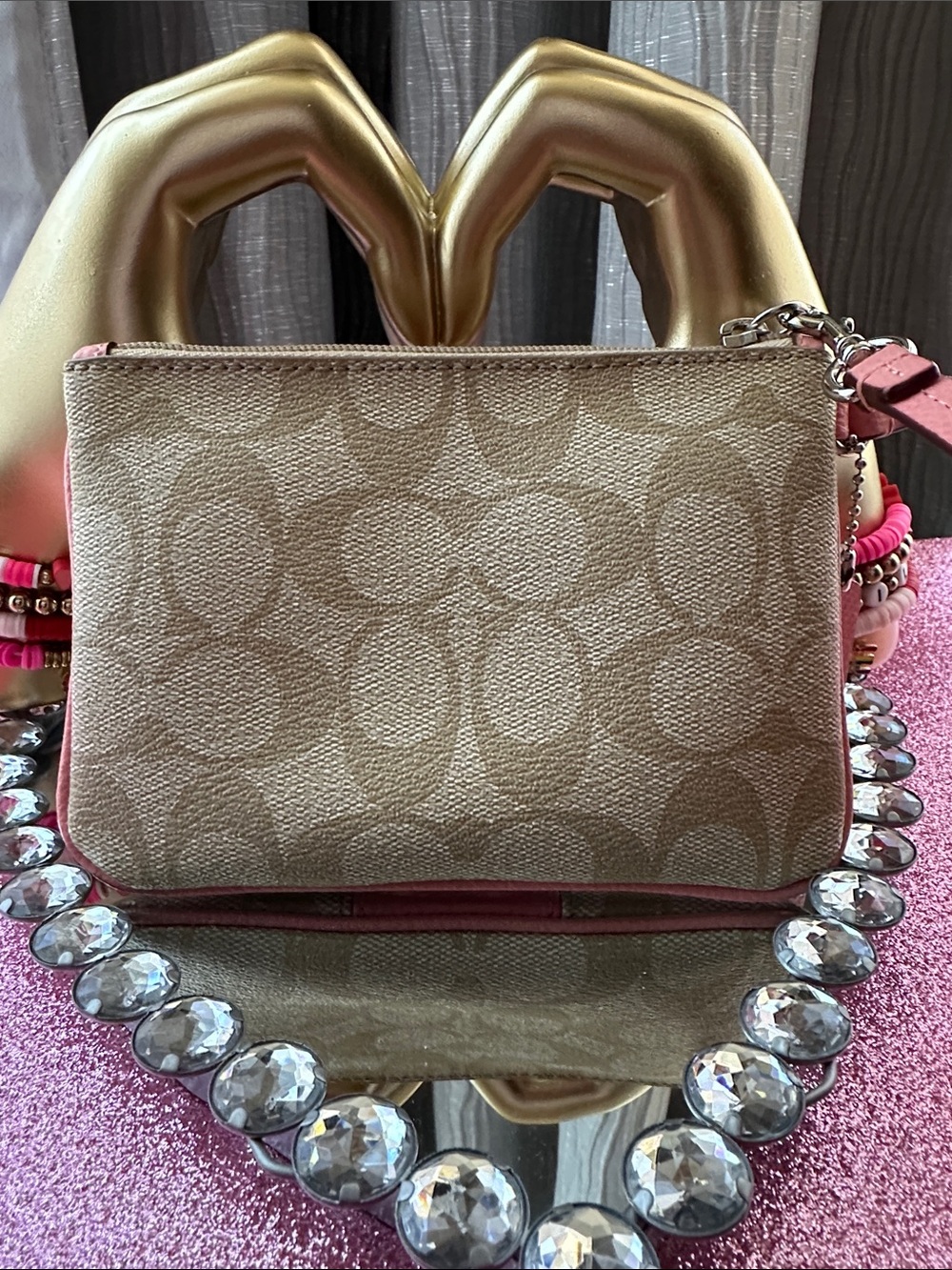 Coach Pink Center-Stripe Signature Canvas Wristlet - Picture 4 of 5